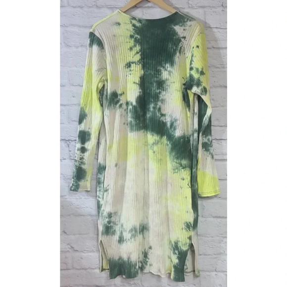 Umgee Tie Dye Duster Cardigan Women's Large Green Yellow Ribbed Slits Pockets - Picture 4 of 8